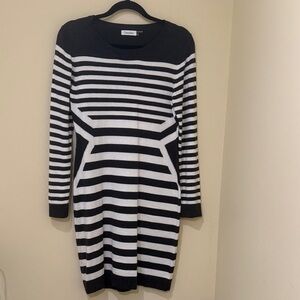Calvin Klein Women Sweater dress Monochrome Striped Long Sleeve Dress M Stretch
